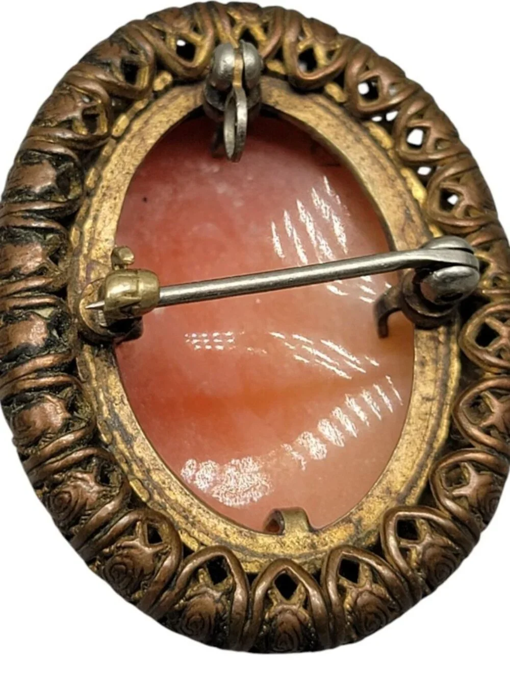 Vintage Carved Cameo Brooch Intricate Woven Frame Mixed Metal Gold Plated Leaves